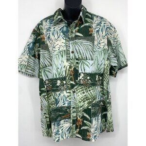 EUC Bishop St Mens Short Sleeve Button Up Shirt Green Blue Tropical Collar Large